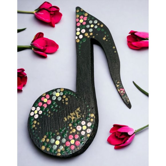 Jewelry - Music Eighth Note Brooch Pin Black Floral Vtg Hand Painted Wood 'Janet'